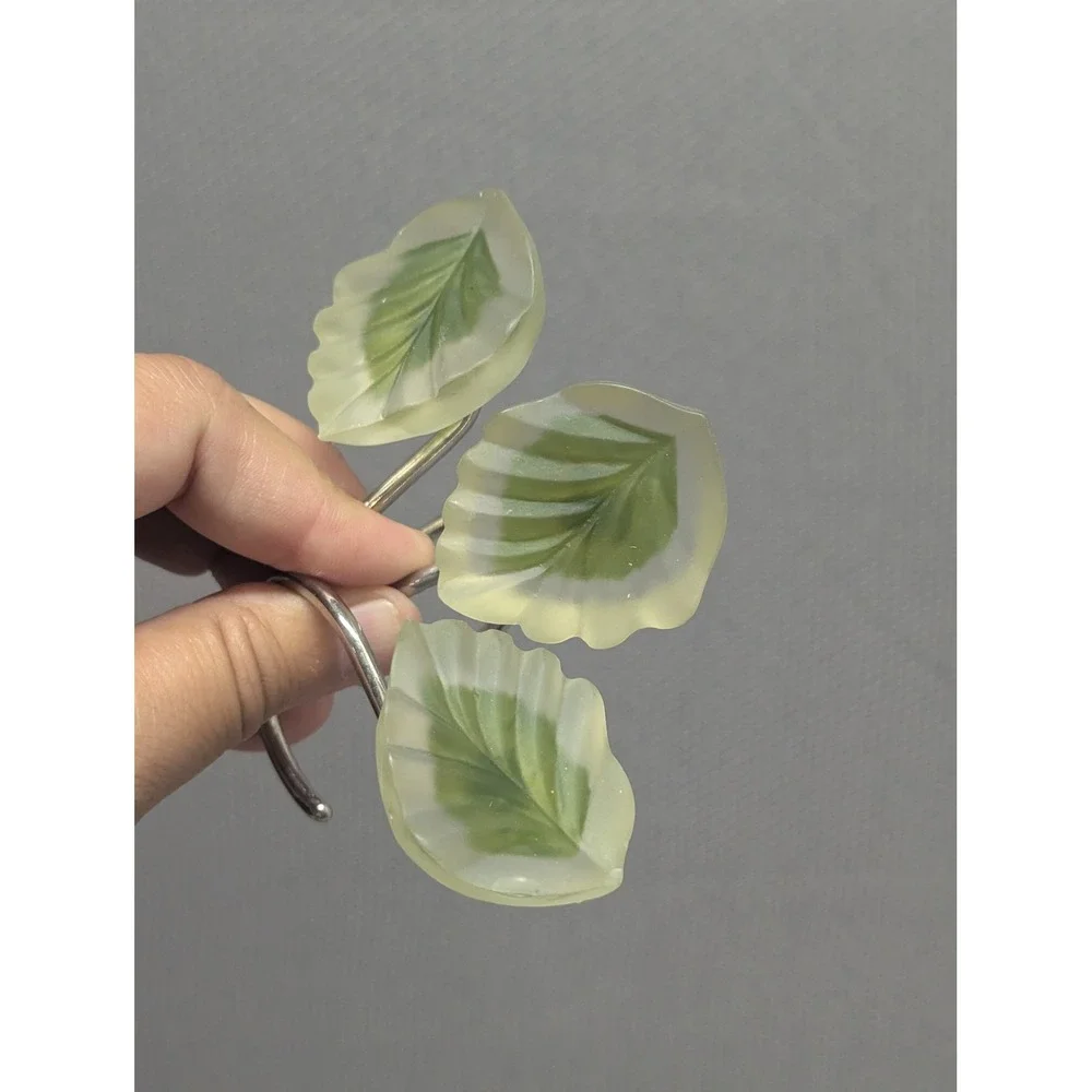 Vintage Frosted Resin Green Leaf Shower Curtain Hooks Set of 8 Botanical Decor
